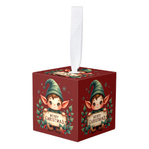 Cute Christmas Elf Holding Merry Sign Red Cube Ornament