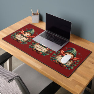 Cute Christmas Elf Holding Merry Sign Red Desk Mat