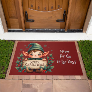 Cute Christmas Elf Holding Merry Sign Red Doormat