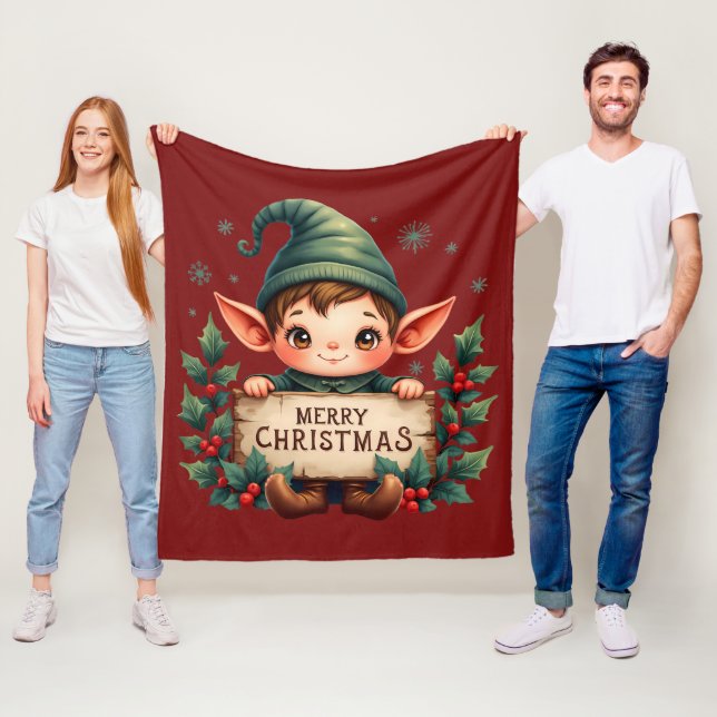 Cute Christmas Elf Holding Merry Sign Red Fleece Blanket (In Situ)