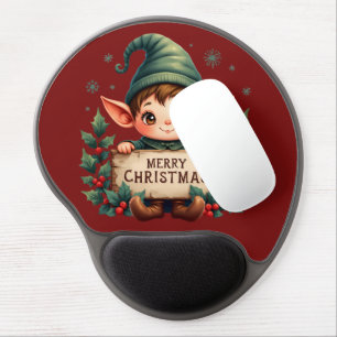 Cute Christmas Elf Holding Merry Sign Red Gel Mouse Pad