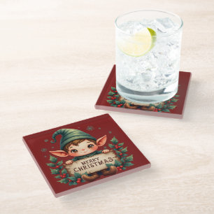 Cute Christmas Elf Holding Merry Sign Red Glass Coaster