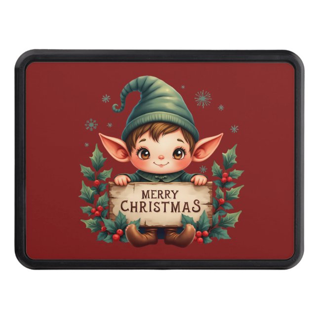 Cute Christmas Elf Holding Merry Sign Red Hitch Cover (Front)