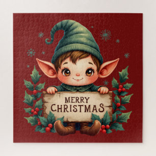Cute Christmas Elf Holding Merry Sign Red Jigsaw Puzzle
