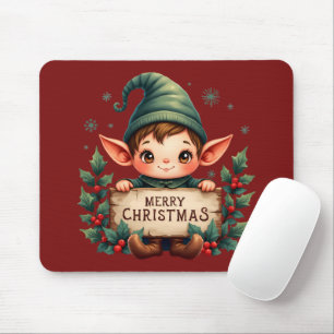 Cute Christmas Elf Holding Merry Sign Red Mouse Pad
