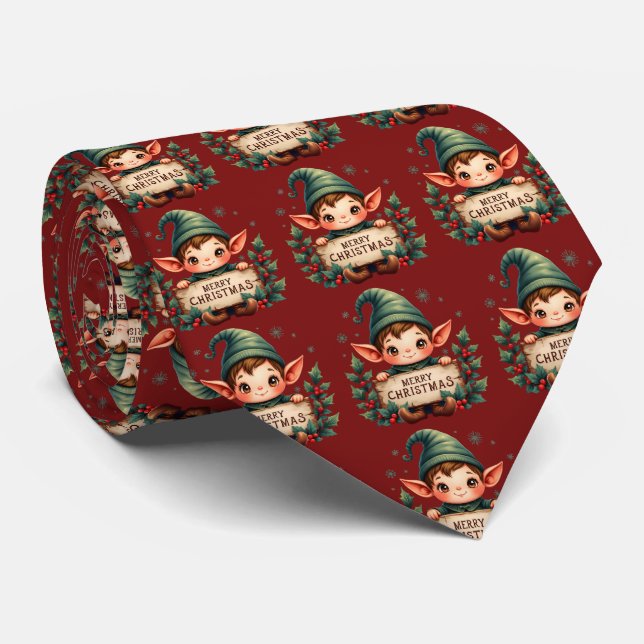 Cute Christmas Elf Holding Merry Sign Red Neck Tie (Rolled)
