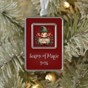 Cute Christmas Elf Holding Merry Sign Red Ornament