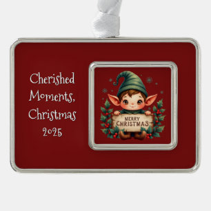 Cute Christmas Elf Holding Merry Sign Red Ornament