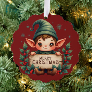 Cute Christmas Elf Holding Merry Sign Red Ornament Card