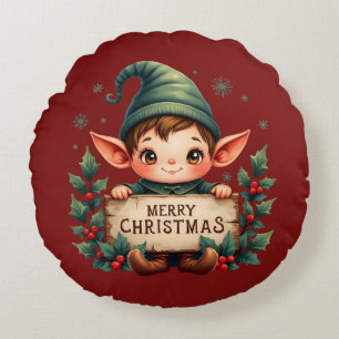 Cute Christmas Elf Holding Merry Sign Red Round Pillow