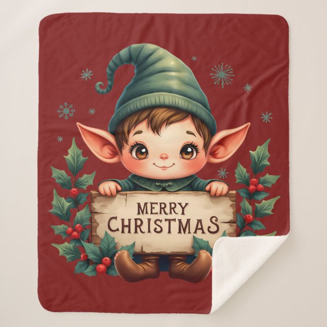 Cute Christmas Elf Holding Merry Sign Red Sherpa Blanket (Front)