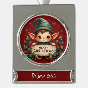 Cute Christmas Elf Holding Merry Sign Red Silver Plated Banner Ornament