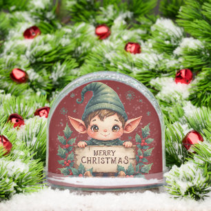 Cute Christmas Elf Holding Merry Sign Red Snow Globe