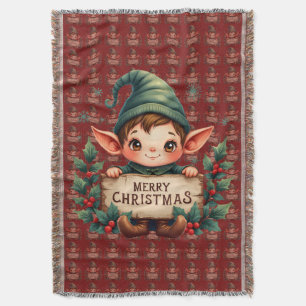 Cute Christmas Elf Holding Merry Sign Red Throw Blanket