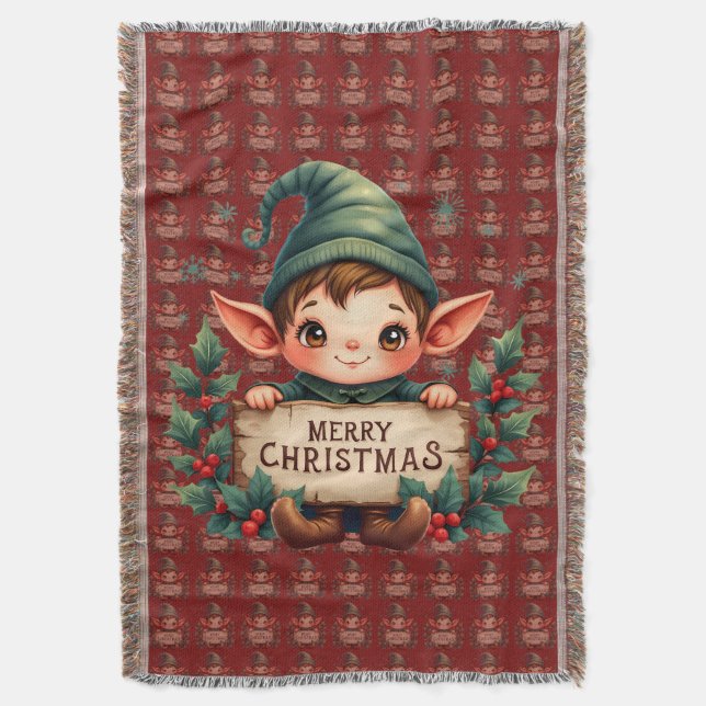 Cute Christmas Elf Holding Merry Sign Red Throw Blanket (Front Vertical)