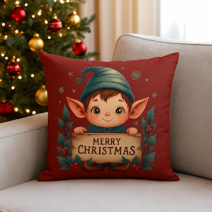 Cute Christmas Elf Holding Merry Sign Red Throw Pillow