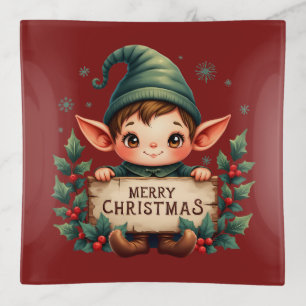 Cute Christmas Elf Holding Merry Sign Red Trinket Tray