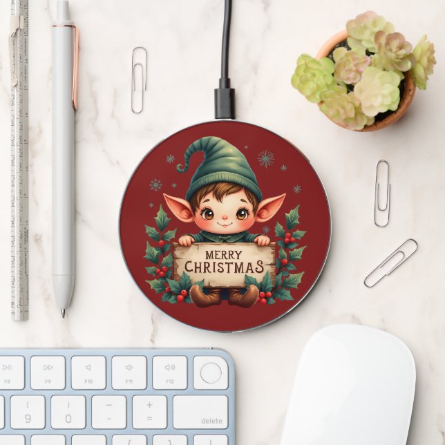 Cute Christmas Elf Holding Merry Sign Red Wireless Charger (Desk)
