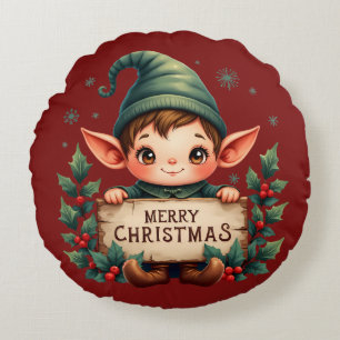 Cute Christmas Elf Holding Merry Sign Round Pillow