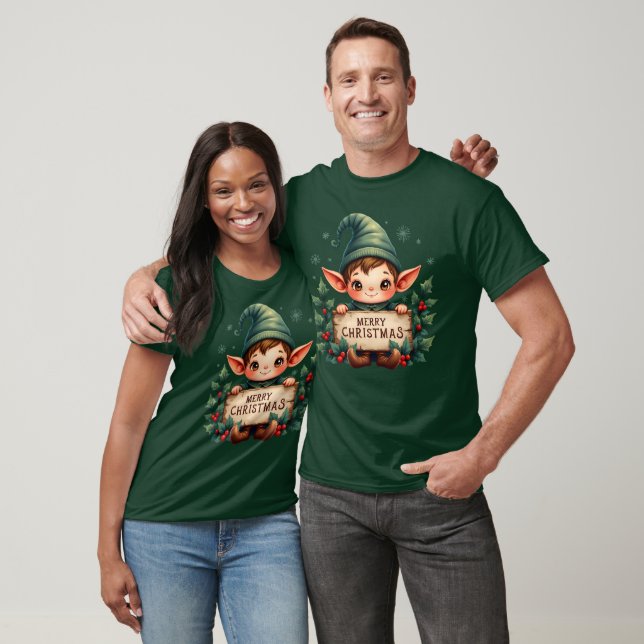 Cute Christmas Elf Holding Merry Sign T-Shirt (Unisex)