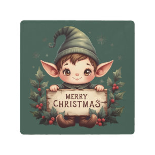 Cute Christmas Elf Holding Sign Green
