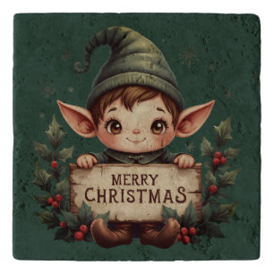 Cute Christmas Elf Holding Sign Green Vintage Trivet