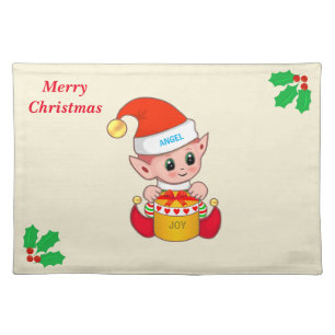 Cute Christmas elf & holly berry leaves on ivory Cloth Placemat