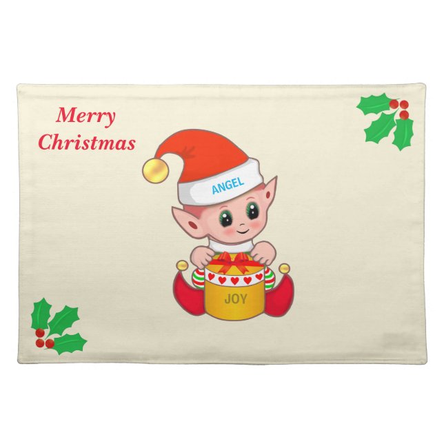 Cute Christmas elf & holly berry leaves on ivory Cloth Placemat (Front)