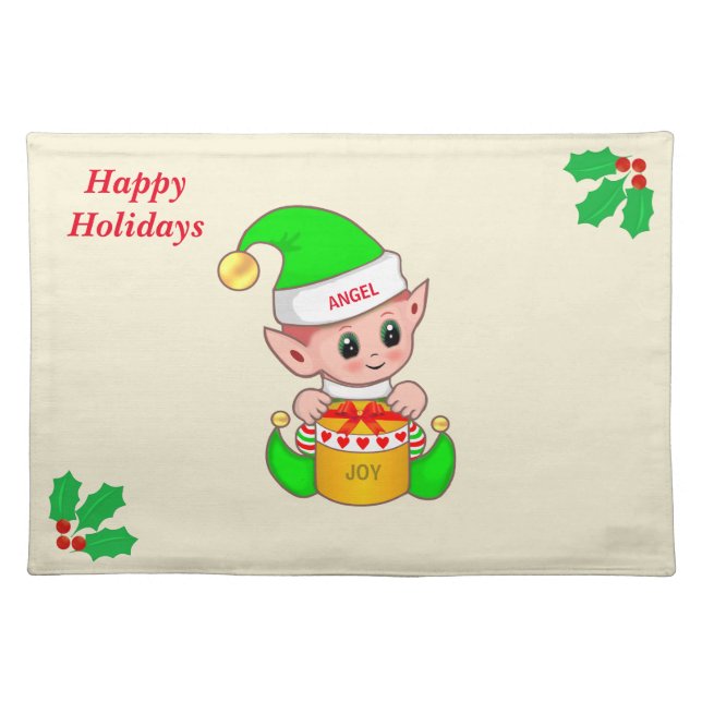 Cute Christmas elf & holly berry leaves on ivory Cloth Placemat (Front)