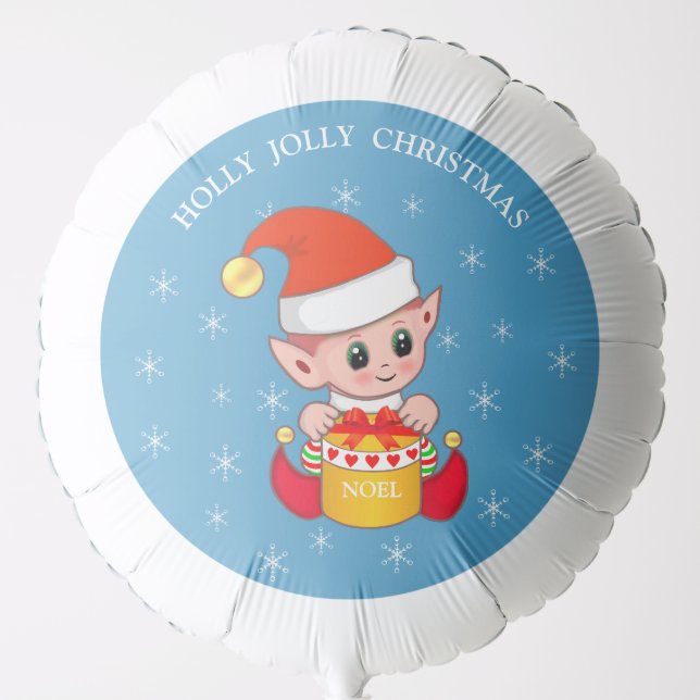 Cute Christmas elf in red, snowflakes on sky blue Balloon (Front)