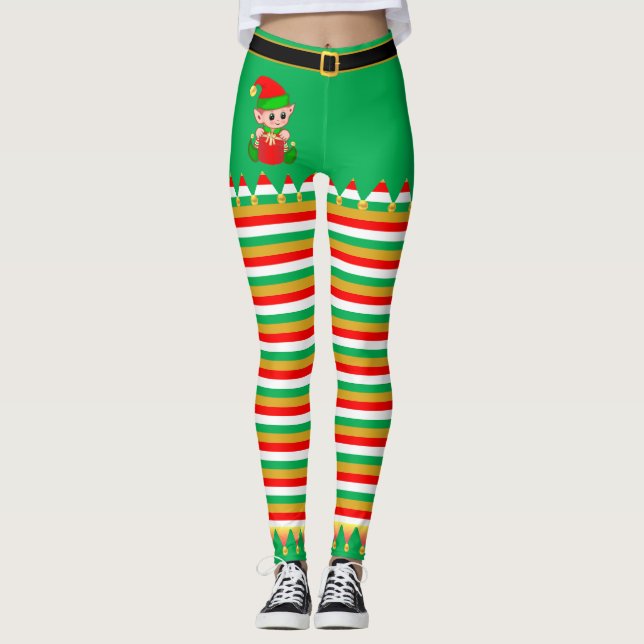 Cute Christmas Elf & Jingle Bells on Striped Leggings (Front)