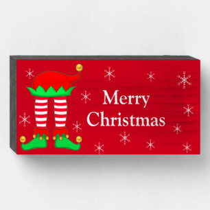 Cute Christmas Elf Legs & Snowflakes on Red Wooden Box Sign