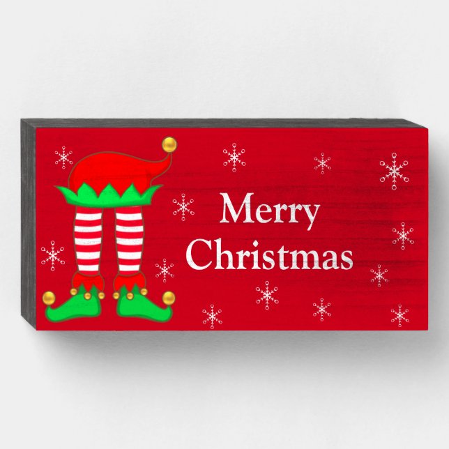 Cute Christmas Elf Legs  & Snowflakes on Red Wooden Box Sign (Front Horizontal)