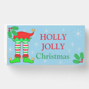 Cute Christmas Elf Legs & Snowflakes on Sky Blue Wooden Box Sign
