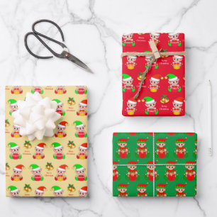 Cute Christmas Elf on Golden Beige, Green and Red Wrapping Paper Sheets