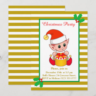 Cute Christmas Elf on Golden & White Invitation