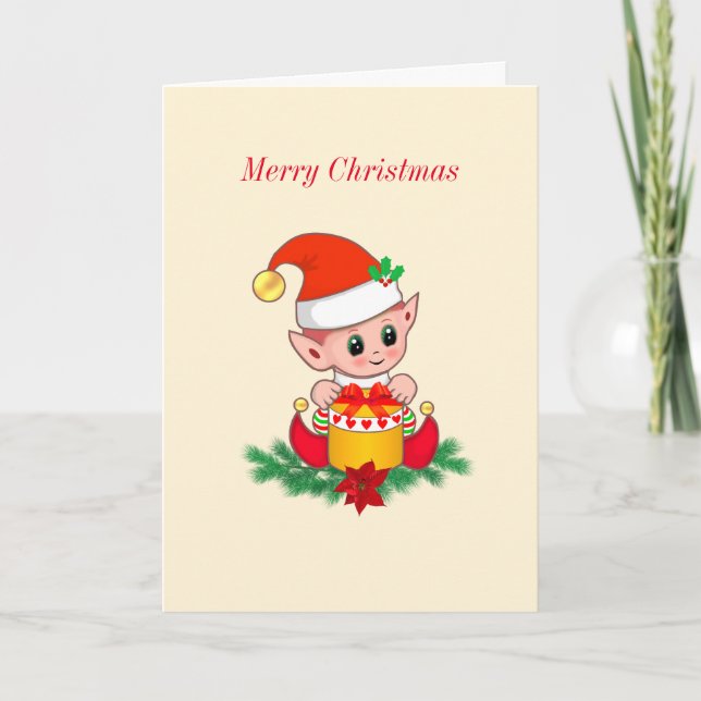 Cute Christmas Elf on Ivory Holiday Card (Front)