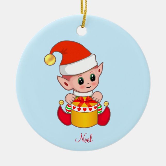 Cute Christmas Elf on Light Blue Ceramic Ornament (Front)