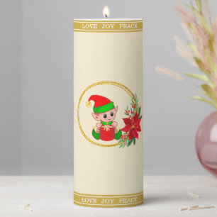 Cute Christmas Elf on Light Champagne Beige Pillar Candle