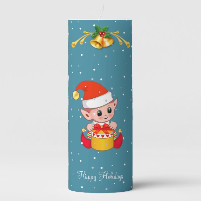 Cute Christmas Elf on Light Sapphire Blue Pillar Candle (Front)