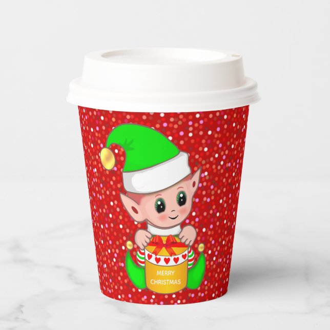 Cute Christmas Elf on Red Glitter Paper Cups (Front)