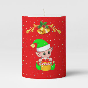 Cute Christmas Elf on Red Pillar Candle