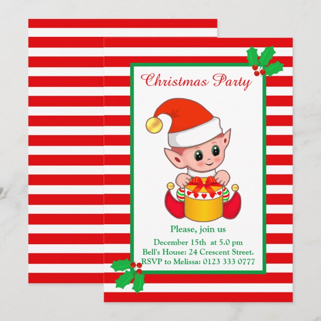 Cute Christmas Elf on Red White Party Invitation (Front/Back)