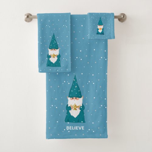 Cute Christmas Elf on Sapphire Blue Bath Towel Set