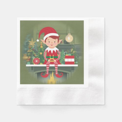 Cute Christmas Elf On Shelf Paper Napkin