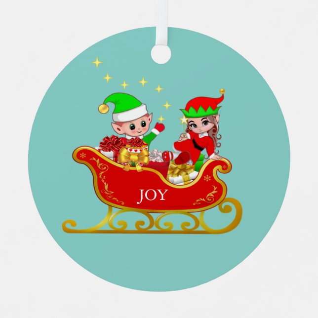 Cute Christmas Elf on Sleigh Metal Ornament (Front)