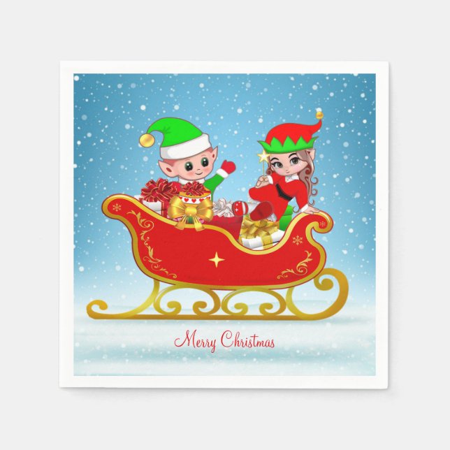 Cute Christmas Elf on Sleigh on Light Blue Napkins (Front)