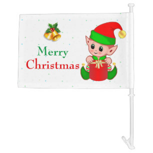 Cute Christmas Elf on White Car Flag