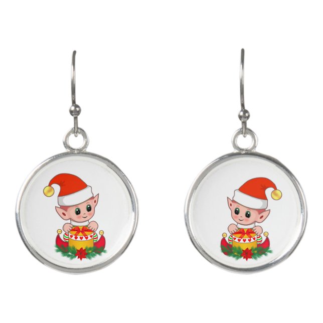 Cute Christmas Elf on White Earrings (Front)