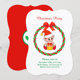 Cute Christmas Elf on White Green and Red Invitation
